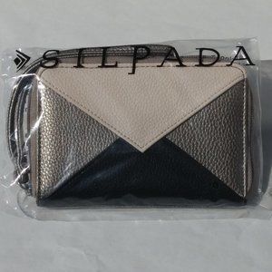 NWT Silpada Metallic Pewter Pebbled Zipper Wristlet Clutch Black Cream
